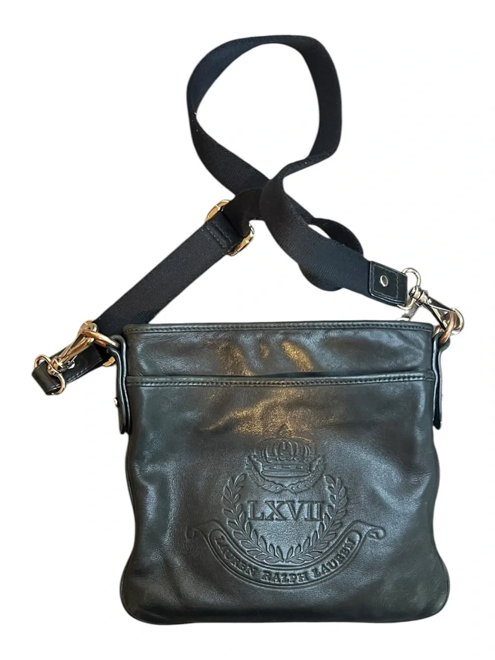 Lauren Ralph Lauren LXVII Embossed Leather Messenger Crossbody Bag Black